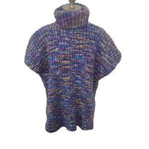 Handknit Handmade Turtleneck Sweater Short Sleeve Boxy Fit Purple Marled Size XL